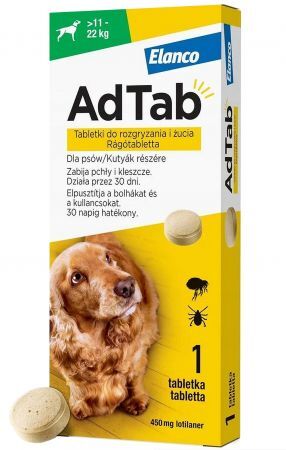 AdTab 450 mg tabletka do rozgryzania i żucia przeciw pchłom i kleszczom dla psów o wadze 11 kg-22 kg